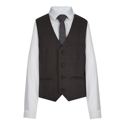 Designer boy's grey pin dot slim fit waistcoat, shirt and tie set